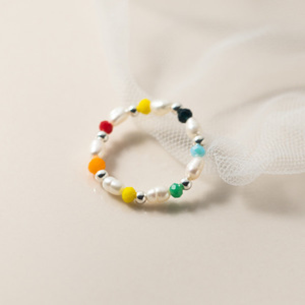 A45423 silver pearl colorful artificial crystal stretchy cute ring