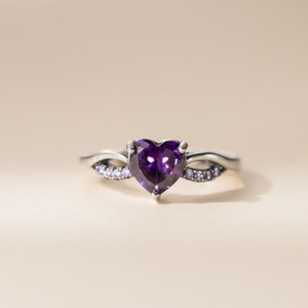 A45546 s925 sterling silver vintage dainty purple rhinestone heart ring