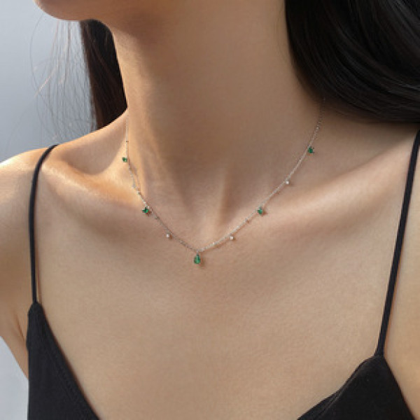 A43093 s925 silver geometric square green teardrop rhinestone trendy necklace