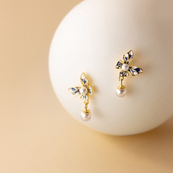 A33902 s925 sterling silver pearl blue butterfly trendy earrings