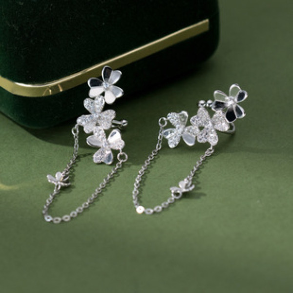 A41761 s925 sterling silver rhinestone chain bar clipon design earrings