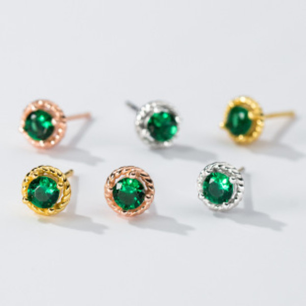 A41057 s925 sterling silver stud vintage green rhinestone circle elegant earrings