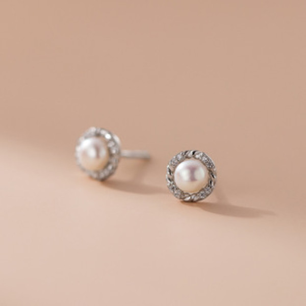 A39687 s925 sterling silver pearl rhinestone circle stud unique dainty earrings