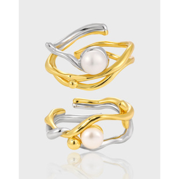 A41219 unique plated hollowed fresh water pearl s925 sterling silver adjustable ring