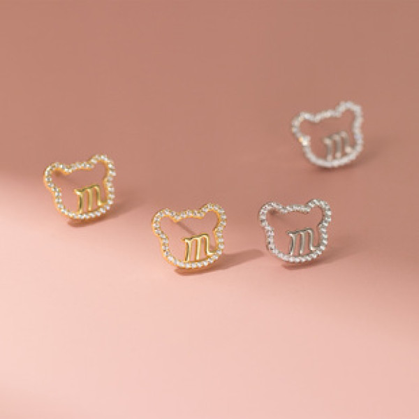 A42984 s925 silver bear hollowed initial rhinestone trendy necklace