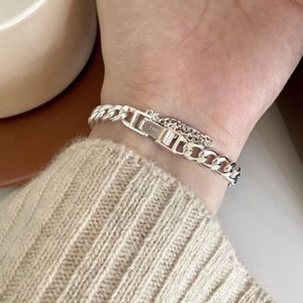 A37786 sterling silver thick chain bar simple unique charm bracelet