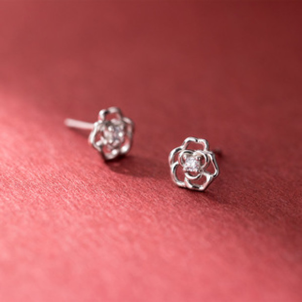 A42191 s925 sterling silver hollowed rhinestone rose stud design elegant earrings