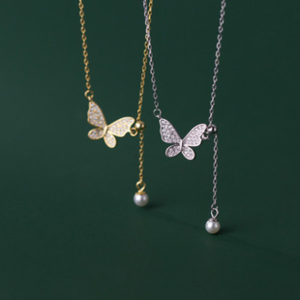 A38323 s925 sterling silver sparkling rhinestone butterfly artificial pearl elegant grade necklace