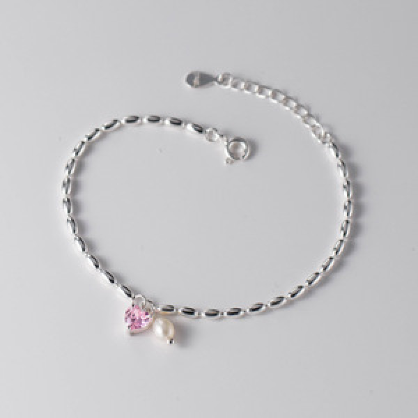 A44131 s925 silver beaded fashion pink rhinestone pearl charm bracelet