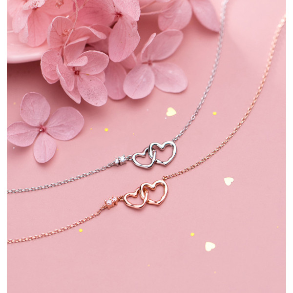 S0011 925 Sterling silver rose gold plated double heart pendant necklace
