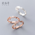 A36232 s925 sterling silver simple trendy leaf rhinestone adjustable ring