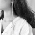 S11305 minimalist925 sterling silver cubric zirconia stone long tassel dangle earrings