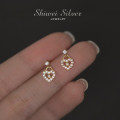 A43476 s925 silver heart rhinestone stud dainty heartshape dangle earrings