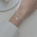 A35018 s925 sterling silver doublelayer heart snakechain charm bracelet
