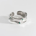 A43501 s925 silver adjustable vintage weave green rhinestone ring