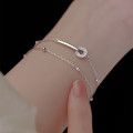 A43578 s925 sterling silver rhinestone circle double layered charm bracelet