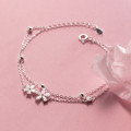 A44783 s925 silver trendy double layered rhinestone flower charm bracelet
