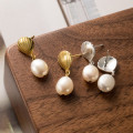 A43851 s925 sterling silver vintage shell pearl stud simple trendy earrings