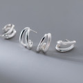 A41246 s925 sterling silver simple elegant double layered bar stud unique earrings