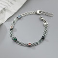 A38123 s925 sterling silver rhinestone geometric wide charm bracelet