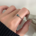 A44144 s925 sterling silver green rhinestone adjustable chain bar square ring
