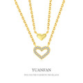 A38636 sterling silver double doublelayer layered heart cubic zirconia necklace