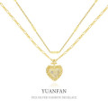 A37545 sterling silver double doublelayer heart vintage cubic zirconia necklace