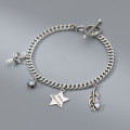 A41496 s925 sterling silver vintage thai elegant rhinestone feather stars charm bracelet
