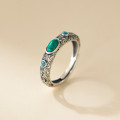A46060 s925 sterling silver vintage oval green turquoise hollowed weave ring