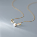 A44827 s925 silver christmas deer pearl simple sweet pendant rhinestone necklace