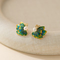 A45529 s925 silver enamel sweet dainty green butterfly pearl stud earrings
