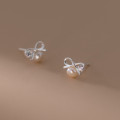 A41193 s925 sterling silver cute pearl rhinestone butterfly stud sweet earrings