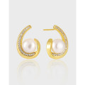 A40631 teardrop sparkling rhinestone pearl s925 sterling silver stud earrings