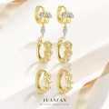 A46332 s925 sterling silver leaf fashion cubic zirconia hoop elegant flower earrings