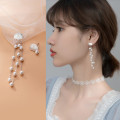 A35758 s925 sterling silver asymmetric long pearl tassel earrings