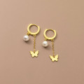 A42679 s925 silver artificial pearl butterfly fringe sweet earrings