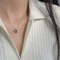A44254 s925 silver black rhinestone simple trendy cute sweet flower necklace