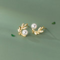 A38244 s925 sterling silver artificial pearl rhinestone tree leaf stud design elegant earrings