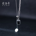 A33064 s925 sterling silver vintage square black rhinestone plate necklace