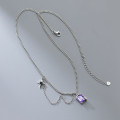 A35228 s925 sterling silver chic simple silver vintage purple rhinestone square necklace