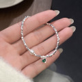 A39000 s925 sterling silver pearl green rhinestone heart charm elegant necklace