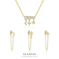 A45255 s925 sterling silver dainty stud cubic zirconia chain bar earrings