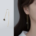 A44427 s925 silver simple elegant black square string long earrings