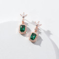 A39059 s925 sterling silver green rhinestone square stud vintage design earrings