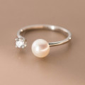 A40962 s925 sterling silver rhinestone pearl adjustable ring