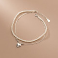 A34210 s925 sterling silver doublelayer pearl heart anklet trendy chic bracelet