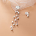 A32263 s925 sterling silver asymmetric long pearl tassel earrings