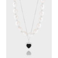 A41153 natural black agate heart double layered sterling silver s925 necklace