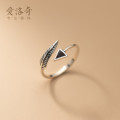 A32107 s925 sterling silver silver black geometric triangle feather ring