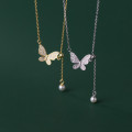 A38323 s925 sterling silver sparkling rhinestone butterfly artificial pearl elegant grade necklace